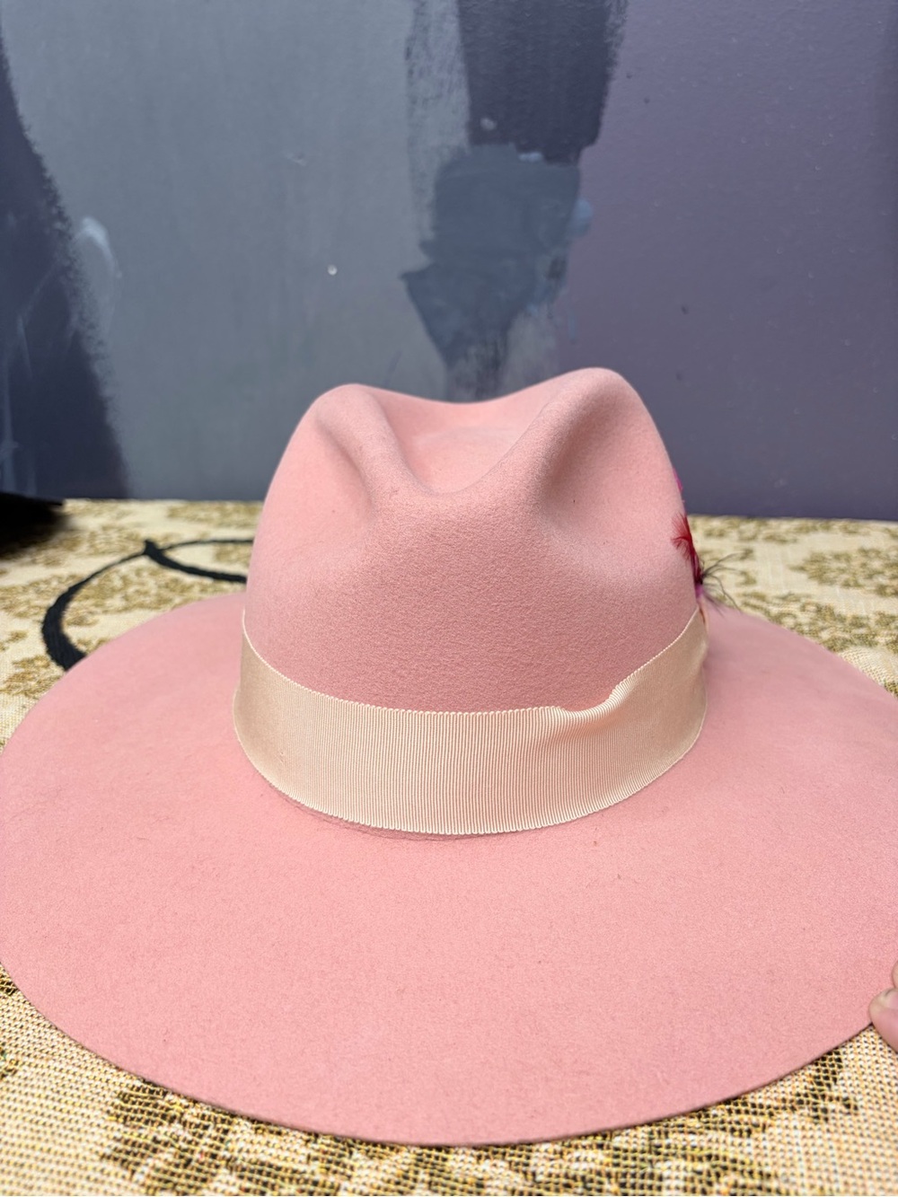CityHats.us Pink Wool Wide Brim Fedora Feather Hat XL Made in USA